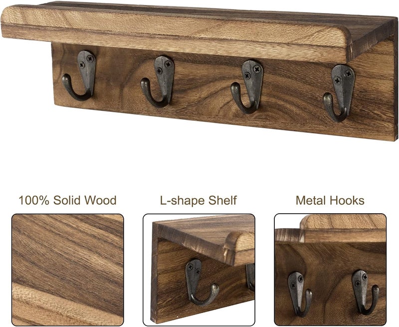 HRONRAD Rustic Key Holder for Wall, Farmhouse Wall Shelf with 4 Hooks, Wall Mounted Key Racks, Wooden Mail Organizer with Hooks for Entryway (Brown) - Image 3